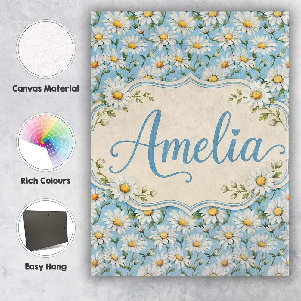 Personalised Name Classic White Daisies on Custom Unique Gift Idea Elegant Feature Canvas Wall Art Print Decor Picture Ready to Hang