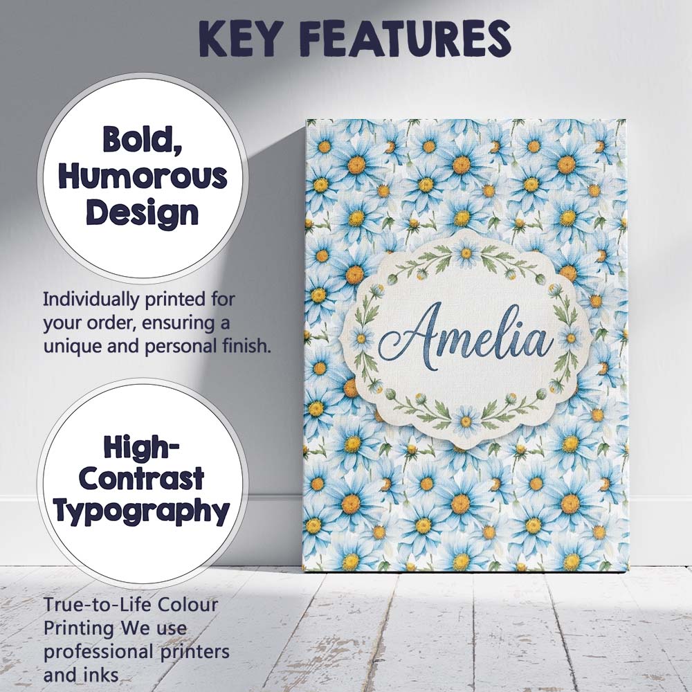 Personalised Name Large Blue Daisy Floral Custom Unique Gift Idea Elegant Feature Canvas Wall Art Print Decor Picture Ready to Hang