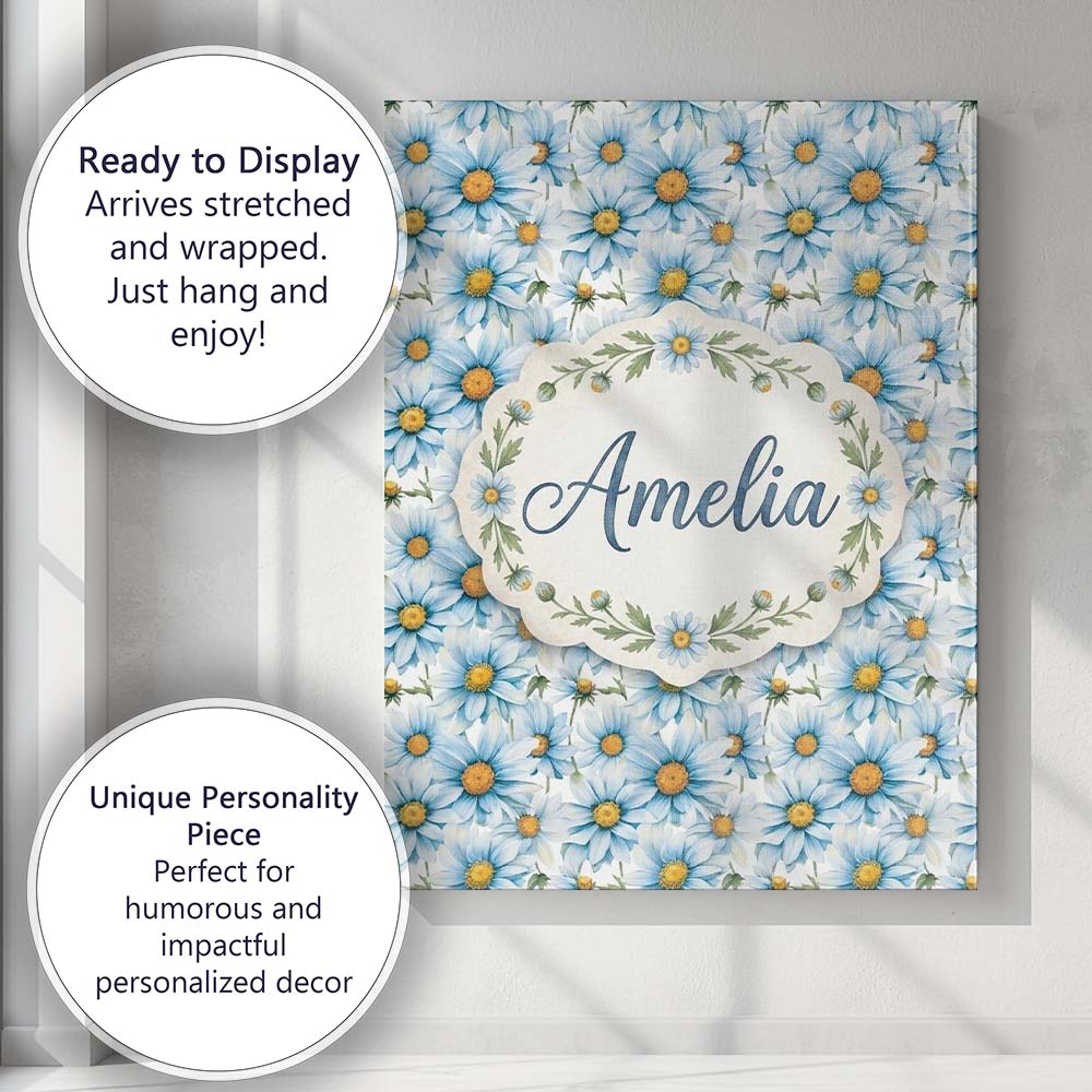 Personalised Name Large Blue Daisy Floral Custom Unique Gift Idea Elegant Feature Canvas Wall Art Print Decor Picture Ready to Hang