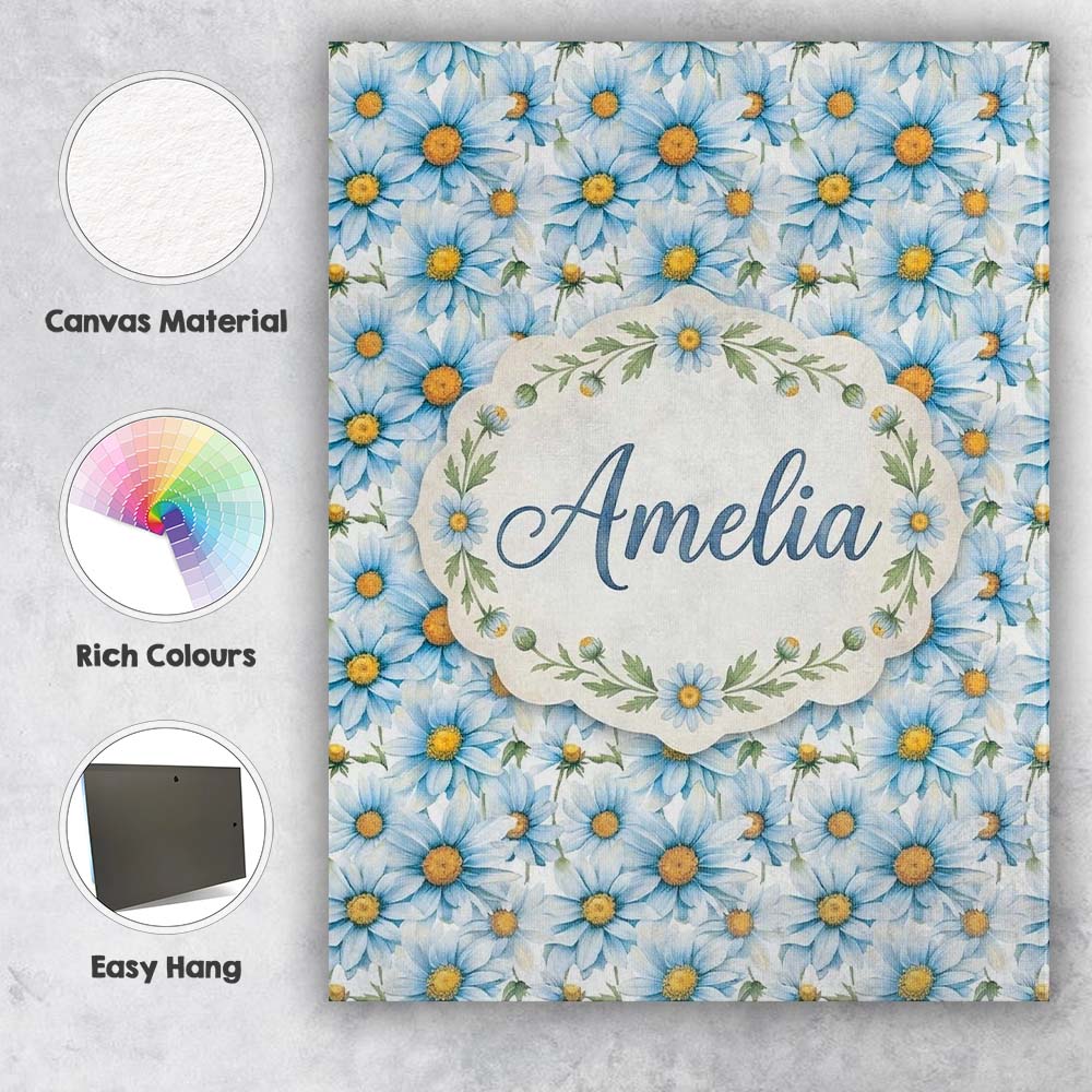 Personalised Name Large Blue Daisy Floral Custom Unique Gift Idea Elegant Feature Canvas Wall Art Print Decor Picture Ready to Hang
