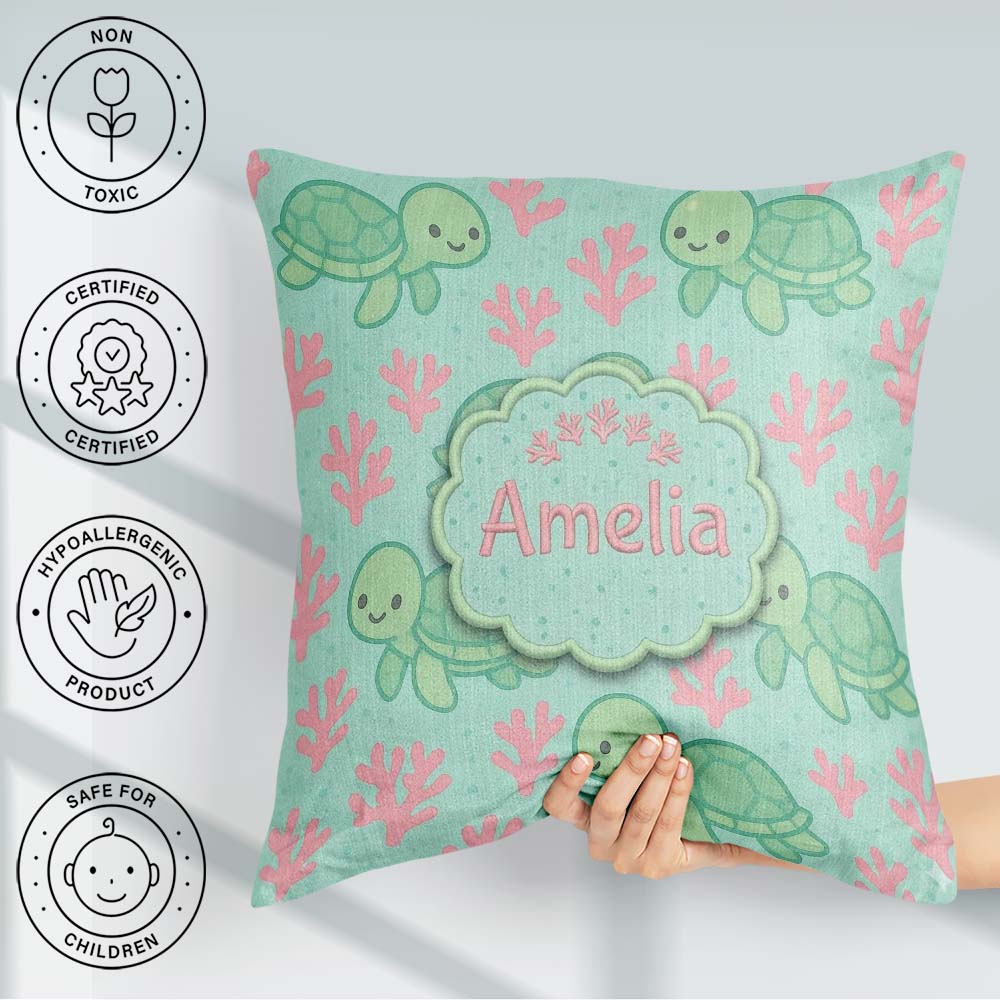 Custom Name Cute Sea Turtle Coral Cartoon Animal Pattern Decor Square Filled Cushion Throw Pillow Sofa Bed Home Decor Zip Washable UK Made