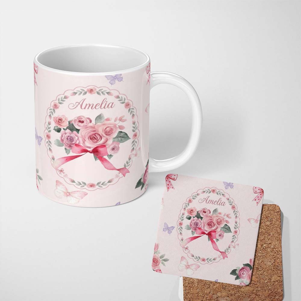 Personalized Custom Name Cute Watercolor Roses Bouquet with Red Ribbon Light Pink Background 11oz Ceramic Coffee Tea Mug White Large Handle