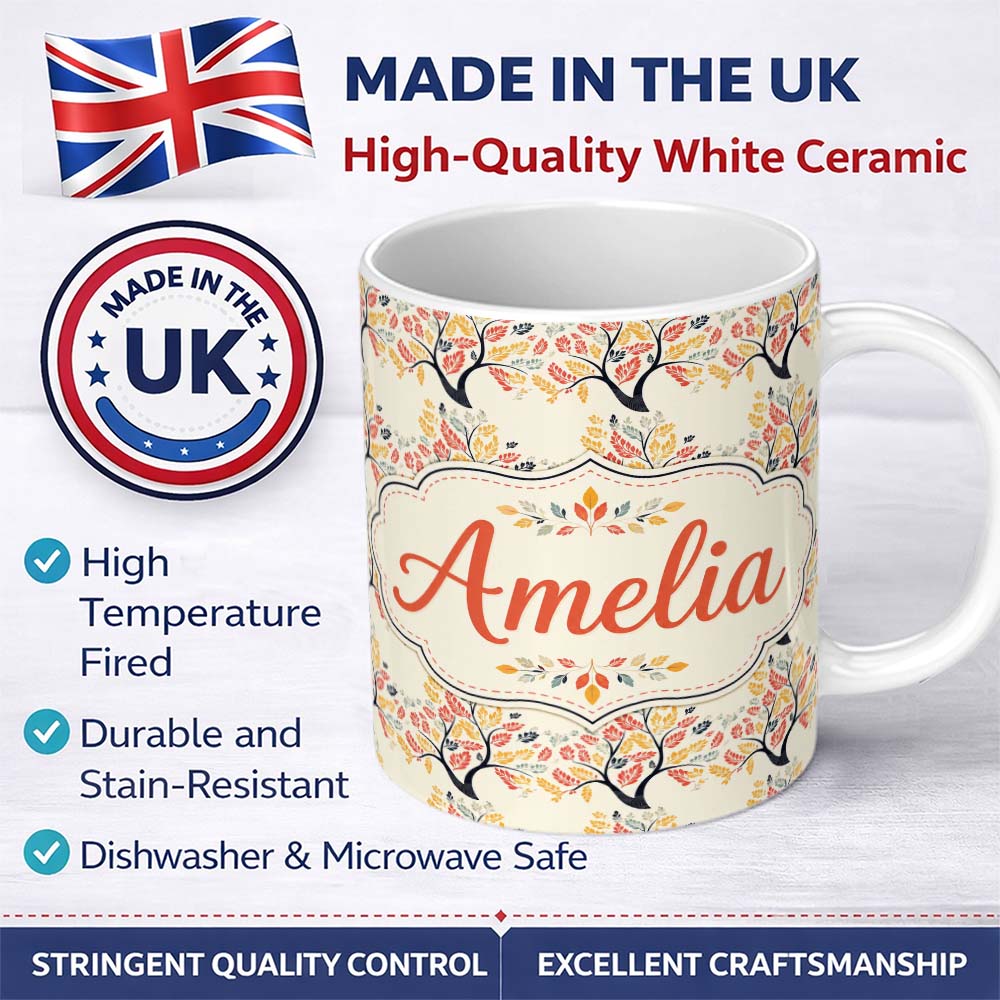 Personalized Custom Name Decorative Branch Trees with Autumn Leaves Seamless Pattern Lovely 11oz Ceramic Coffee Tea Mug White Large Handle