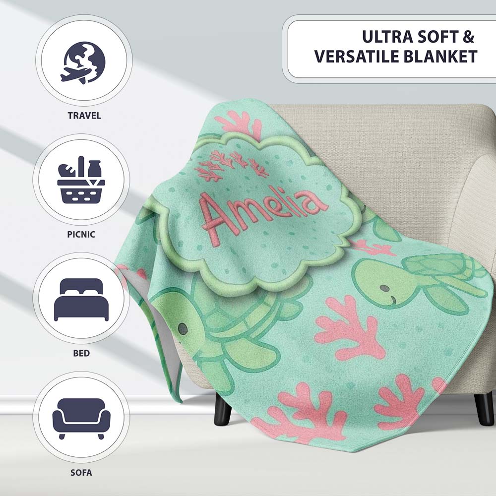 Cute Sea Turtle Coral Cartoon Animal Pattern Charming Decor Personalised Custom Name Super Soft Fleece Blanket Bed Sofa Throw