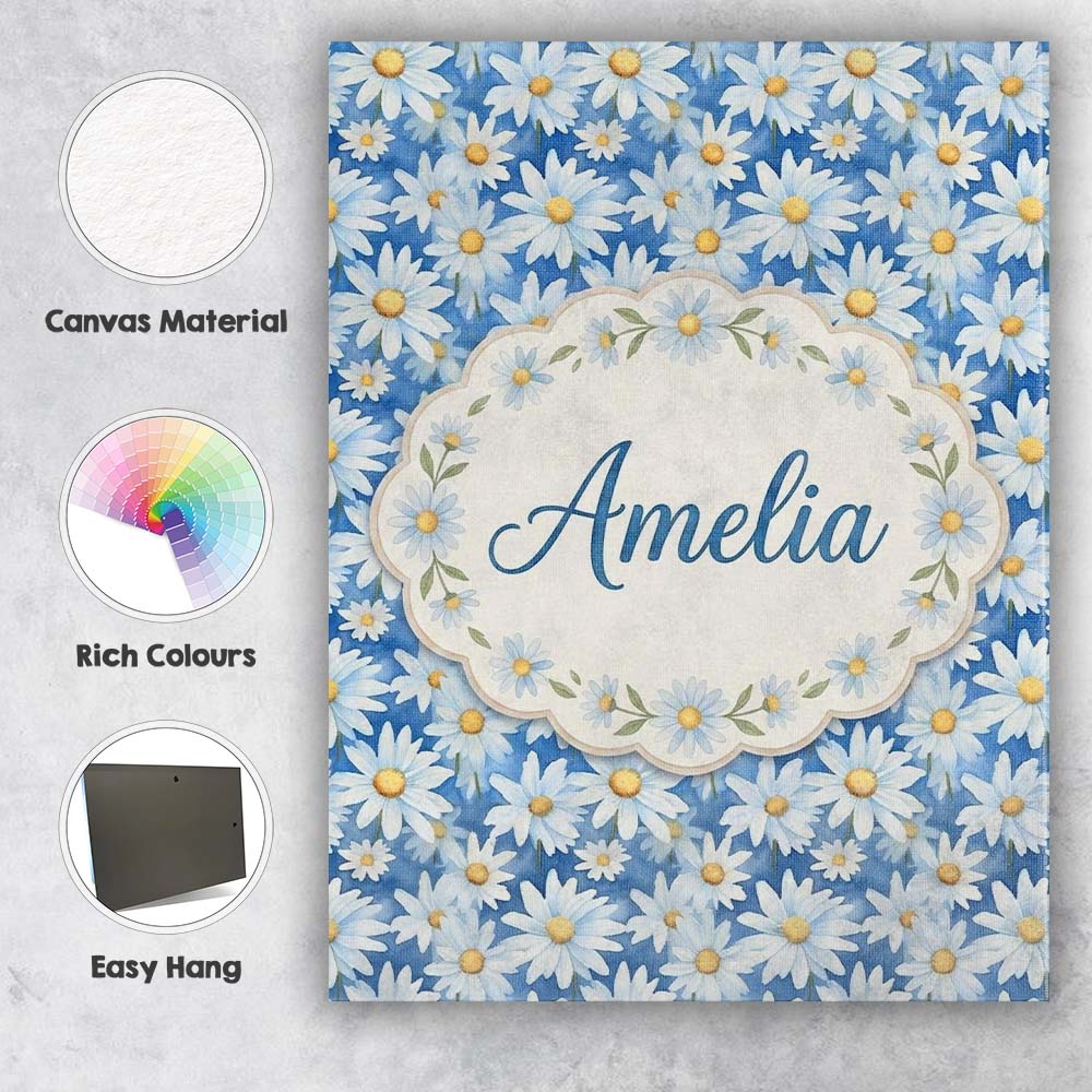 Personalised Name Blue Watercolor Daisy Custom Modern Room Accent Elegant Feature Canvas Wall Art Print Decor Picture Ready to Hang