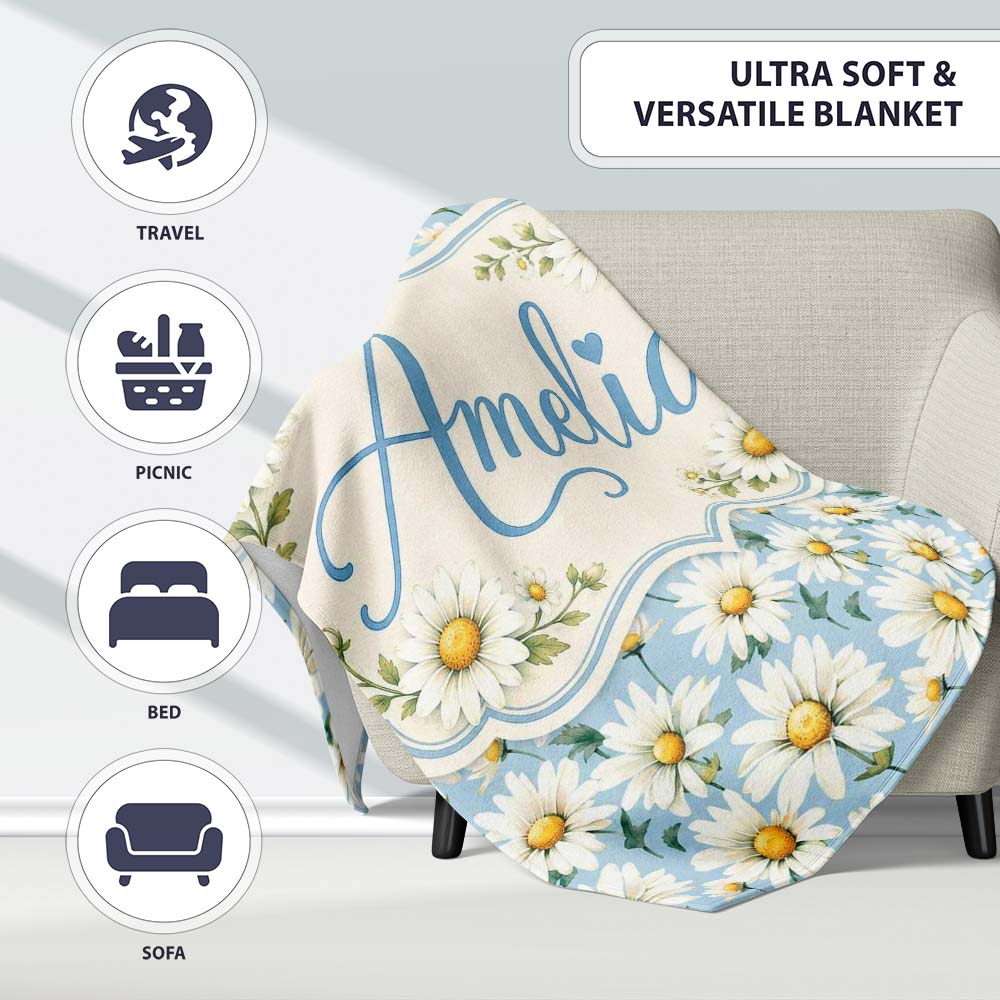 Soft Blue Background White Daisy Floral Seamless Pattern Lovely Personalised Custom Name Super Soft Fleece Blanket Bed Sofa Throw