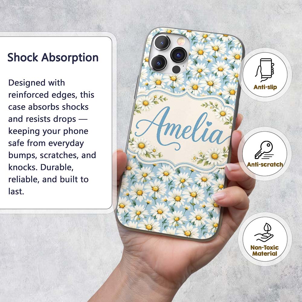 Soft Blue Background White Daisy Floral Seamless Custom Name Protective Phone Case Mobile Cover Durable Everyday Smartphone Shock Resistant