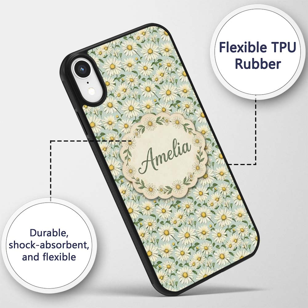 Green Background White Daisy Botanical Seamless Custom Name Protective Phone Case Mobile Cover Durable Everyday Smartphone Shock Resistant