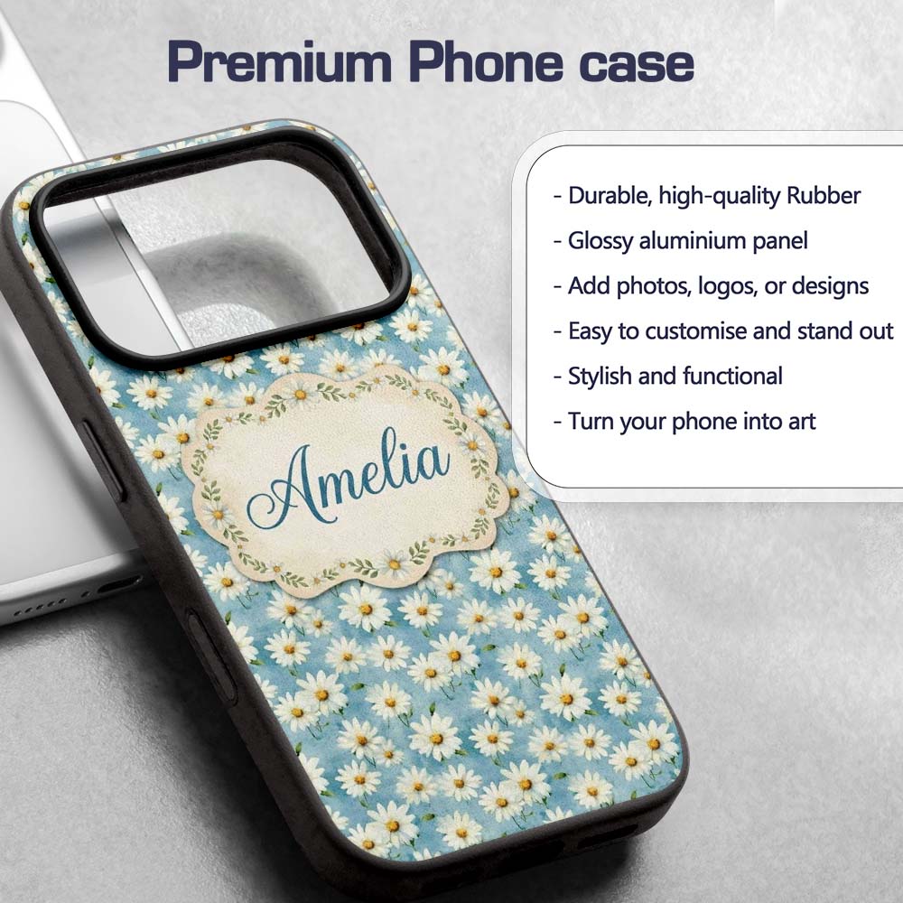 Light Blue Watercolor Daisy Scatter Seamless Custom Name Protective Phone Case Mobile Cover Durable Everyday Smartphone Shock Resistant