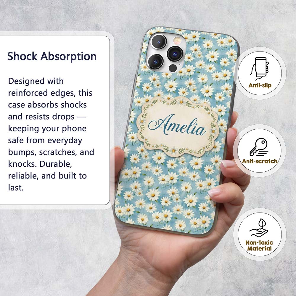 Light Blue Watercolor Daisy Scatter Seamless Custom Name Protective Phone Case Mobile Cover Durable Everyday Smartphone Shock Resistant