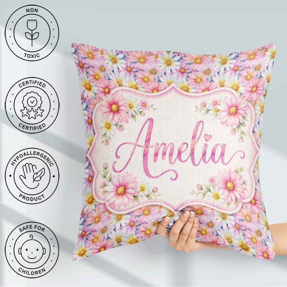 Custom Name Pastel Pink and Yellow Daisy Floral Seamless Pattern Square Filled Cushion Throw Pillow Sofa Bed Home Decor Zip Washable UK Made