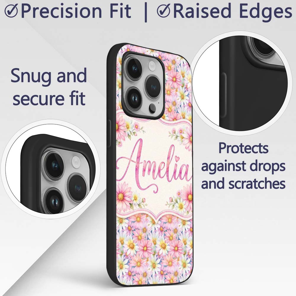 Pastel Pink and Yellow Daisy Floral Seamless Custom Name Protective Phone Case Mobile Cover Durable Everyday Smartphone Shock Resistant