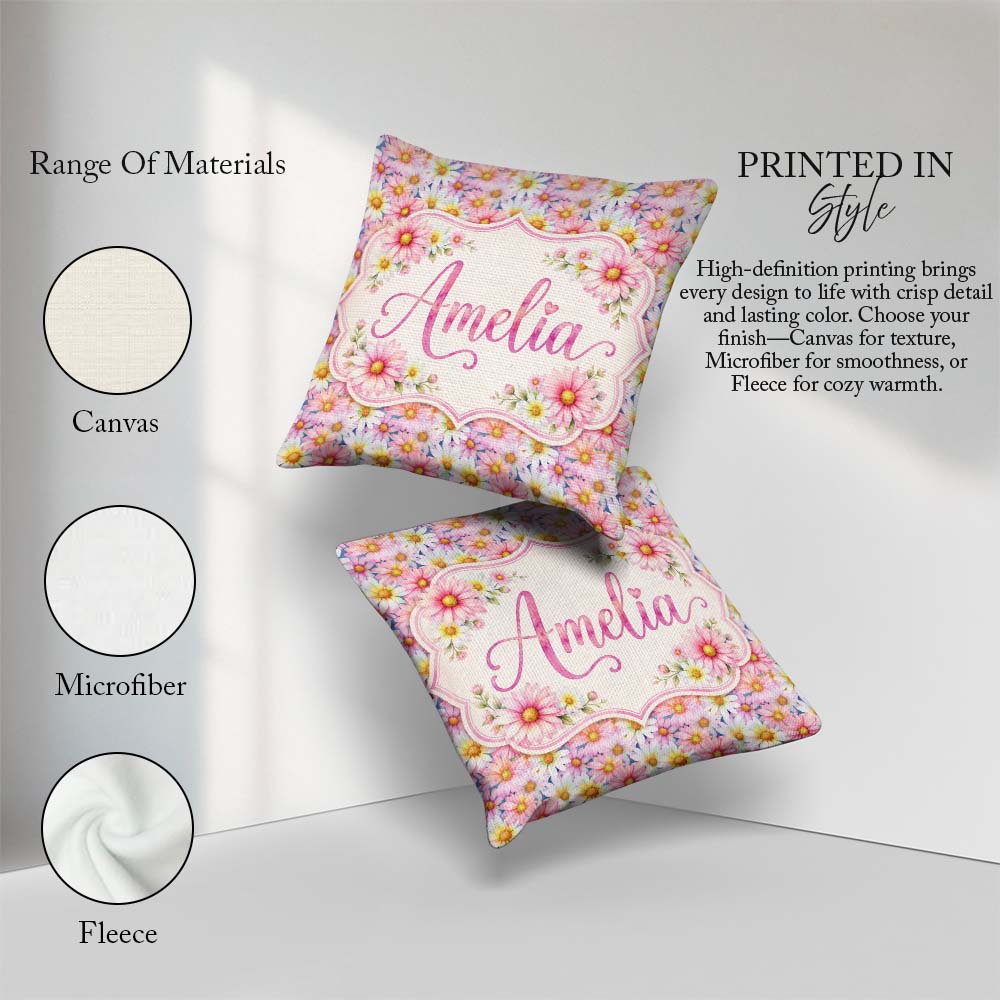 Custom Name Pastel Pink and Yellow Daisy Floral Seamless Pattern Square Filled Cushion Throw Pillow Sofa Bed Home Decor Zip Washable UK Made
