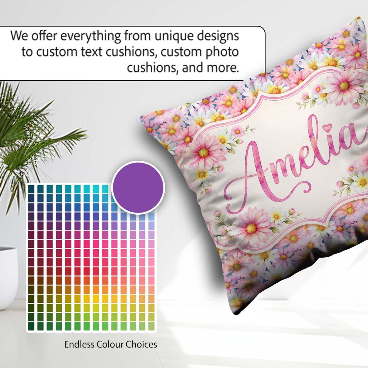 Custom Name Pastel Pink and Yellow Daisy Floral Seamless Pattern Square Filled Cushion Throw Pillow Sofa Bed Home Decor Zip Washable UK Made