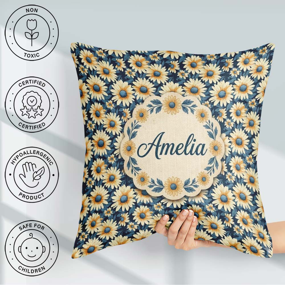 Custom Name Navy Background Yellow Daisy Floral Seamless Pattern Square Filled Cushion Throw Pillow Sofa Bed Home Decor Zip Washable UK Made
