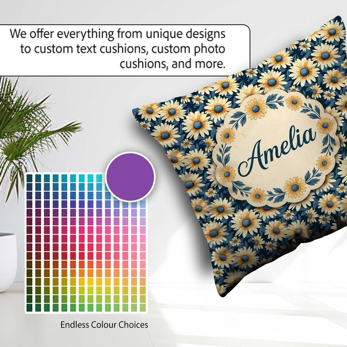 Custom Name Navy Background Yellow Daisy Floral Seamless Pattern Square Filled Cushion Throw Pillow Sofa Bed Home Decor Zip Washable UK Made