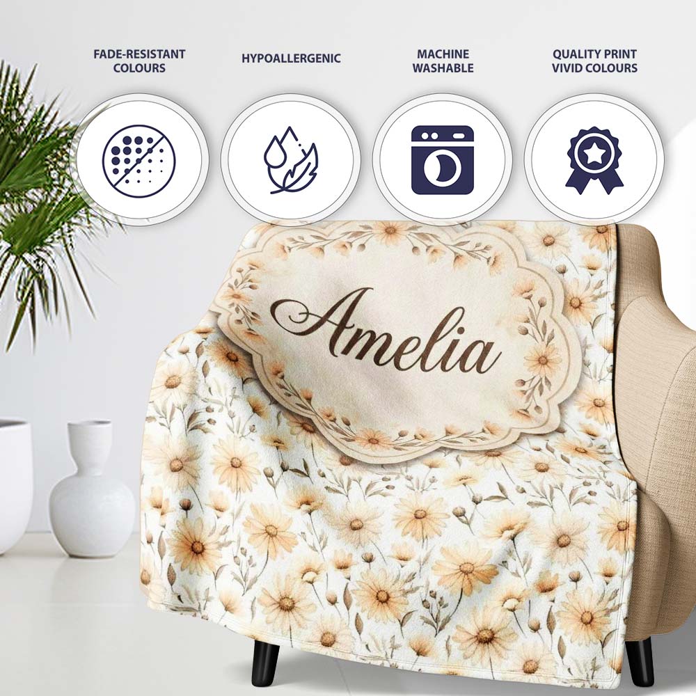Soft Beige Daisy Floral Botanical Seamless Pattern Cute Unique Gift Personalised Custom Name Super Soft Fleece Blanket Bed Sofa Throw