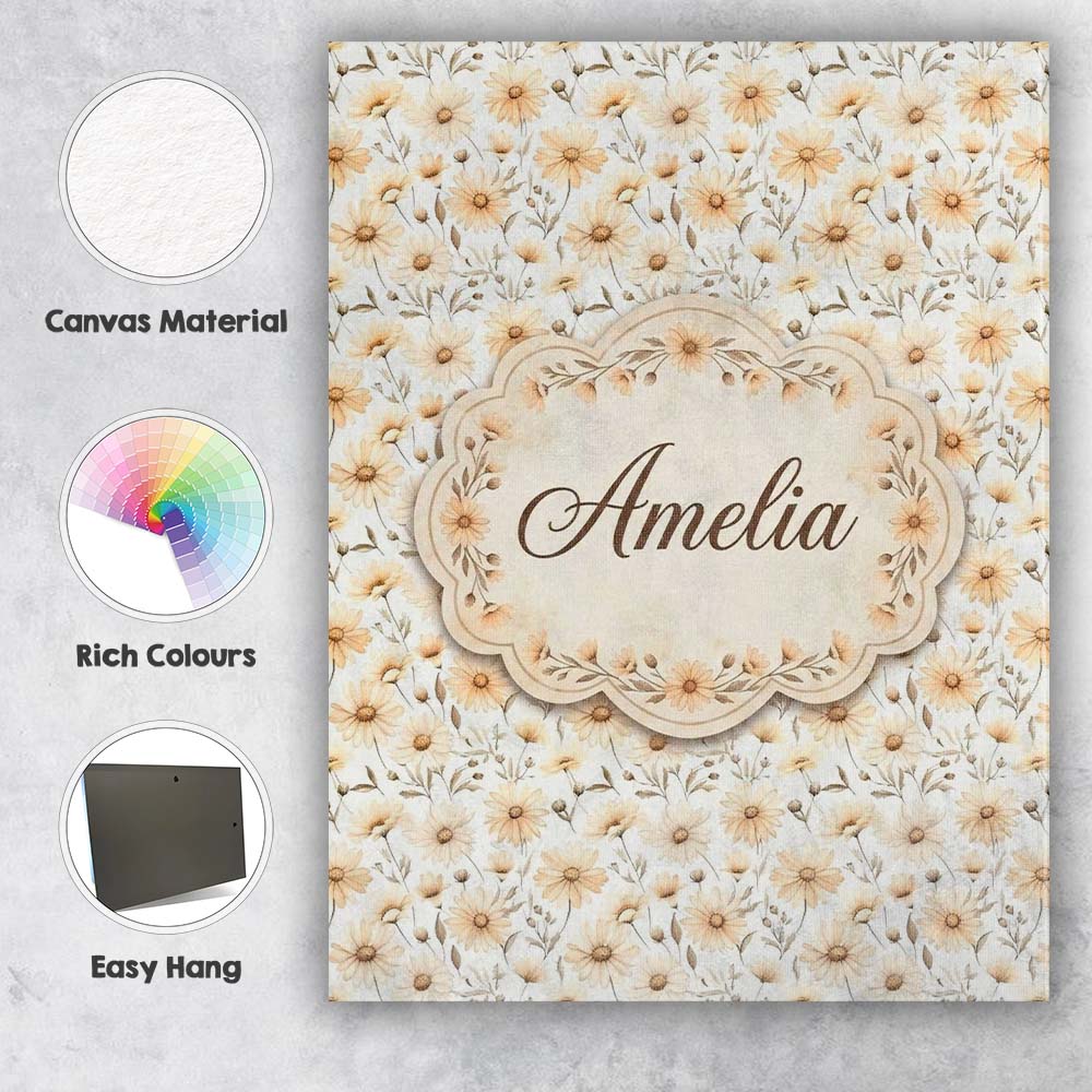 Personalised Name Soft Beige Daisy Floral Custom Unique Gift Idea Elegant Feature Canvas Wall Art Print Decor Picture Ready to Hang