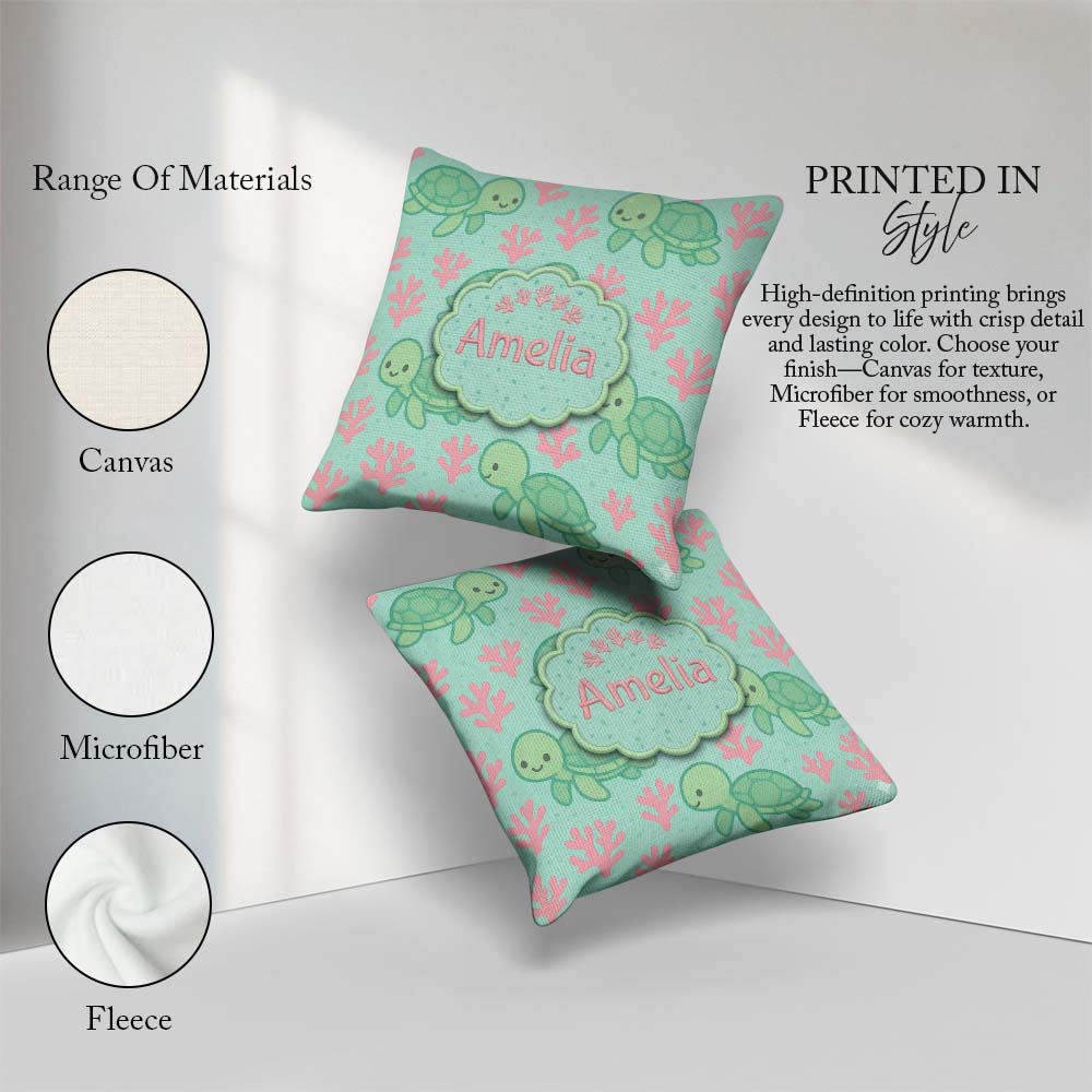 Custom Name Cute Sea Turtle Coral Cartoon Animal Pattern Decor Square Filled Cushion Throw Pillow Sofa Bed Home Decor Zip Washable UK Made
