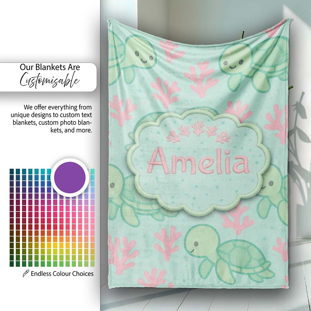 Cute Sea Turtle Coral Cartoon Animal Pattern Charming Decor Personalised Custom Name Super Soft Fleece Blanket Bed Sofa Throw