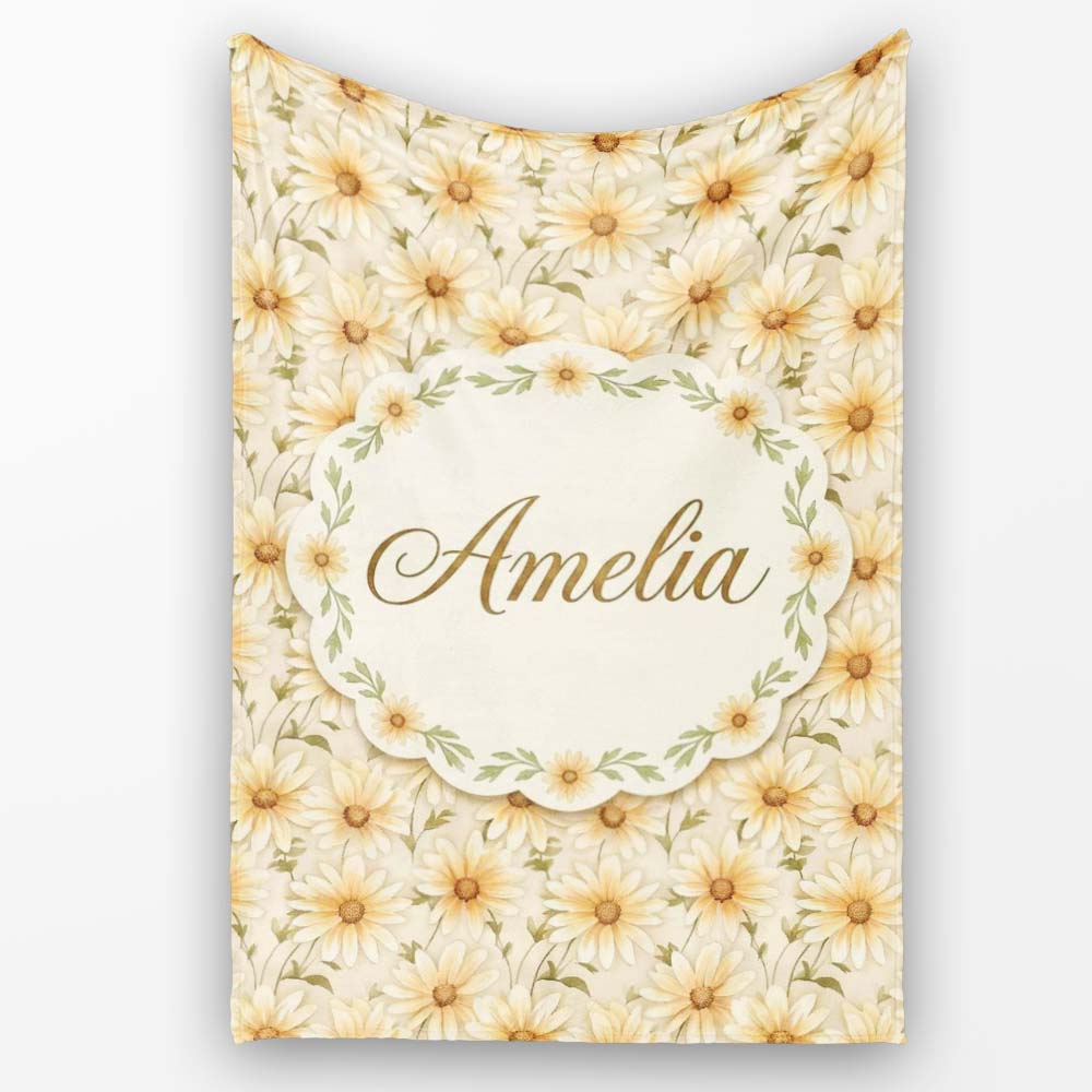 Warm Cream Yellow Daisy Floral Seamless Pattern Stylish Everyday Personalised Custom Name Super Soft Fleece Blanket Bed Sofa Throw