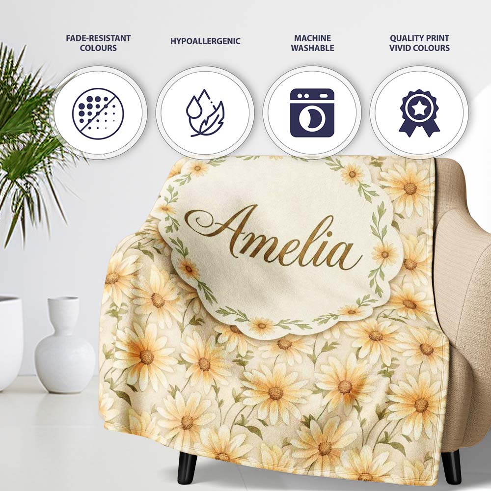 Warm Cream Yellow Daisy Floral Seamless Pattern Stylish Everyday Personalised Custom Name Super Soft Fleece Blanket Bed Sofa Throw