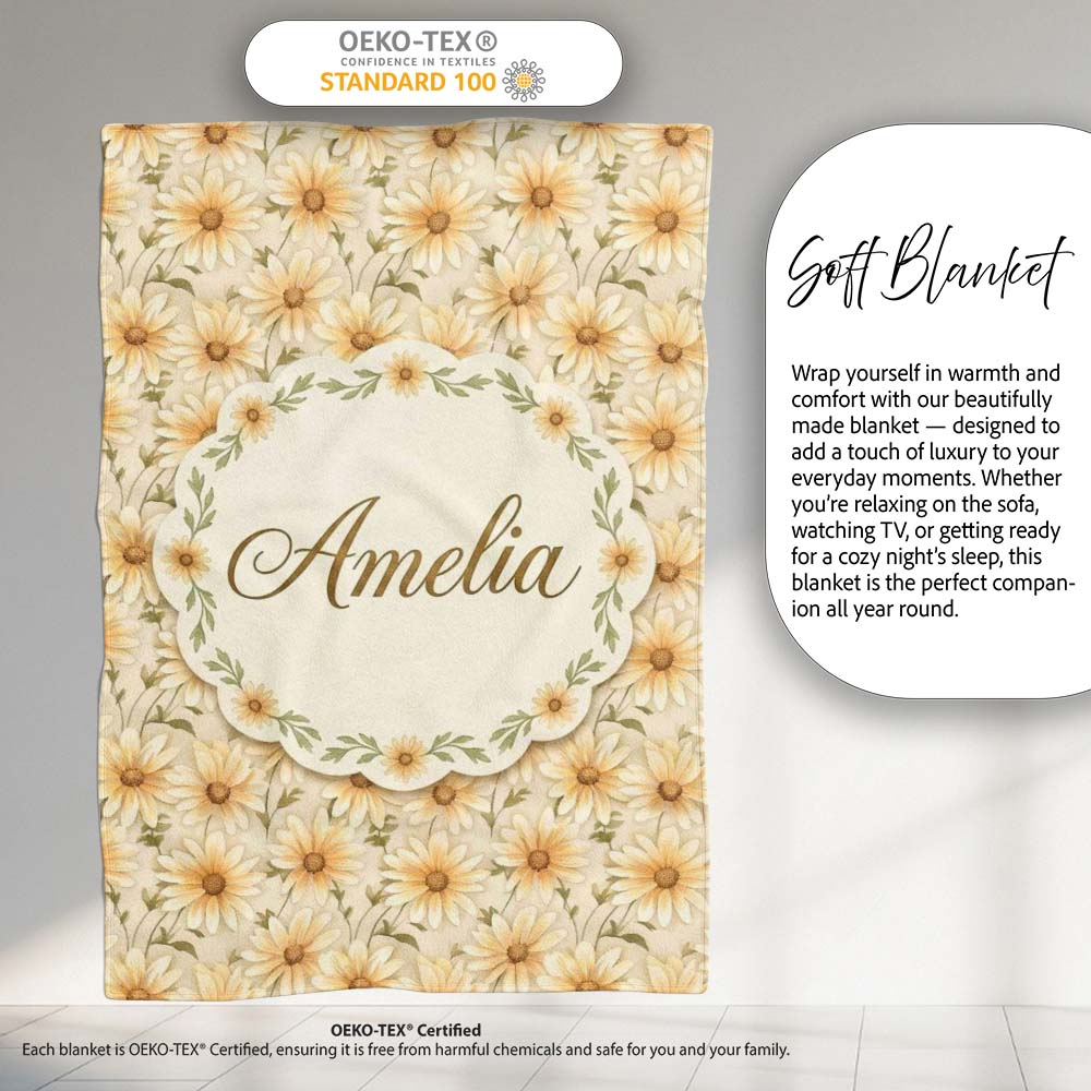 Warm Cream Yellow Daisy Floral Seamless Pattern Stylish Everyday Personalised Custom Name Super Soft Fleece Blanket Bed Sofa Throw