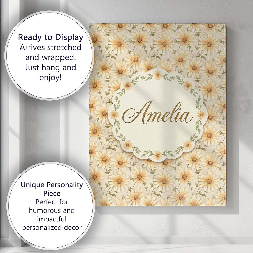 Personalised Name Warm Cream Yellow Daisy Custom Unique Gift Idea Elegant Feature Canvas Wall Art Print Decor Picture Ready to Hang