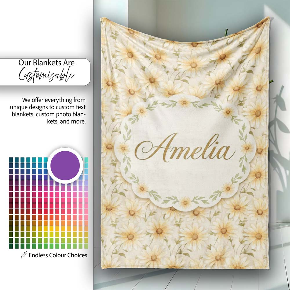 Warm Cream Yellow Daisy Floral Seamless Pattern Stylish Everyday Personalised Custom Name Super Soft Fleece Blanket Bed Sofa Throw