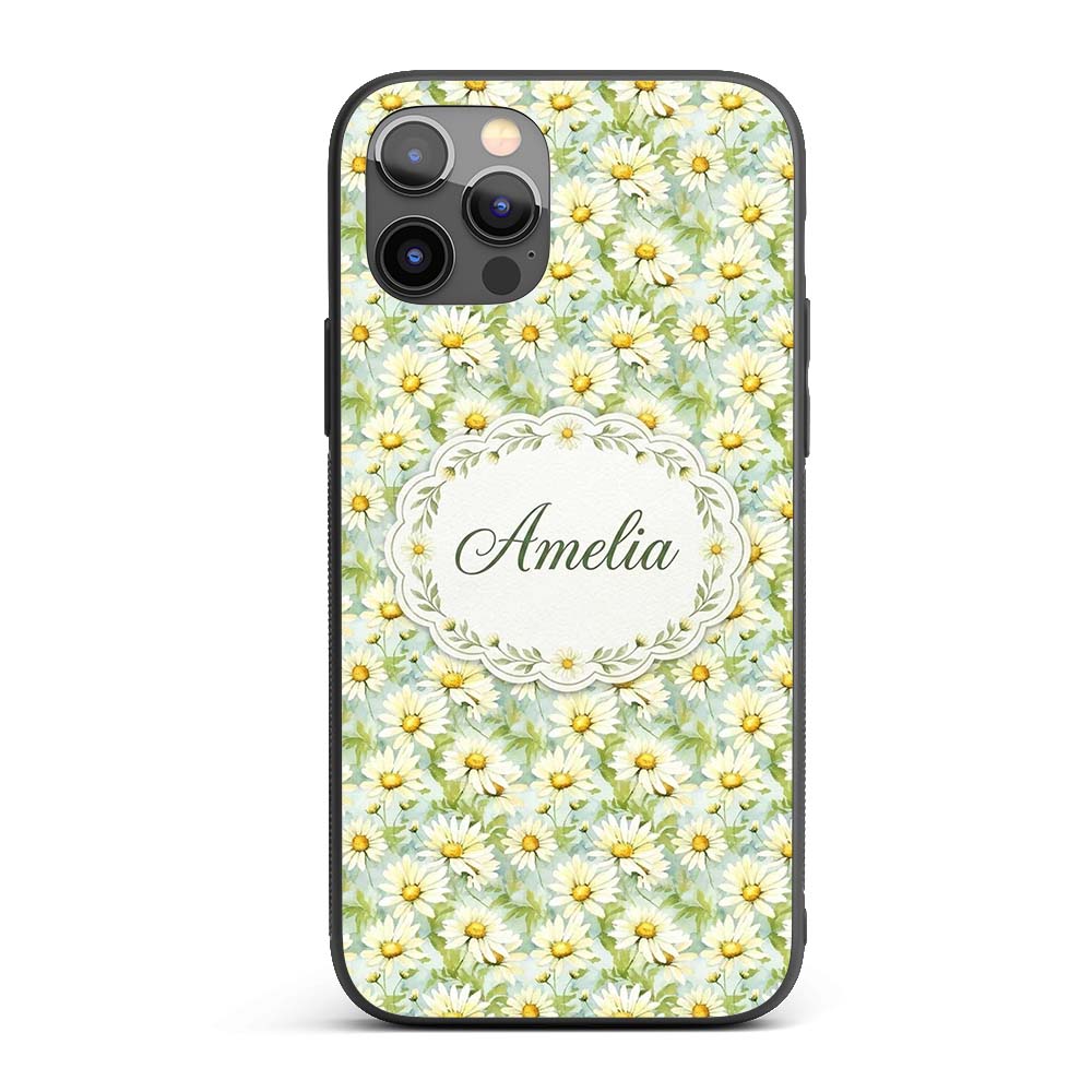 Fresh Green Watercolor Daisy Floral Seamless Custom Name Protective Phone Case Mobile Cover Durable Everyday Smartphone Shock Resistant