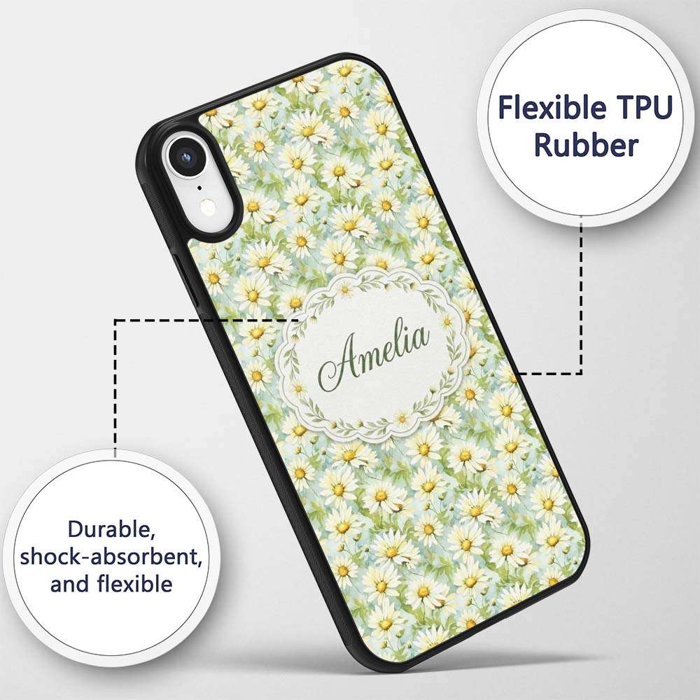 Fresh Green Watercolor Daisy Floral Seamless Custom Name Protective Phone Case Mobile Cover Durable Everyday Smartphone Shock Resistant