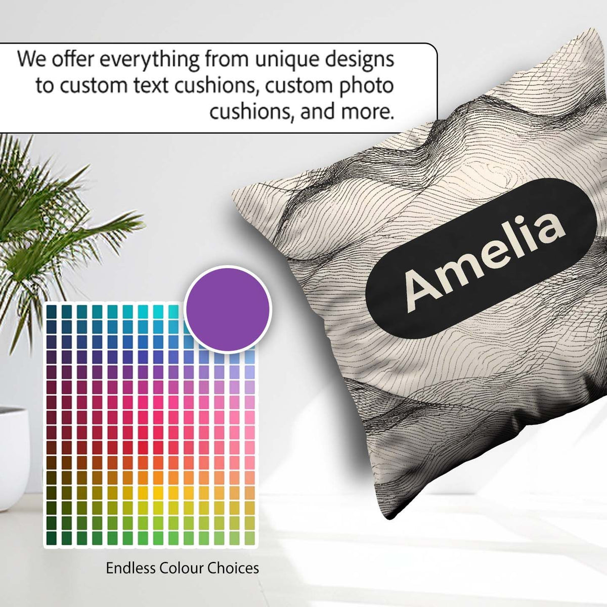 Custom Name Minimal Silhouettes Black Cream Leaf Pattern Lovely Square Filled Cushion Throw Pillow Sofa Bed Home Decor Zip Washable UK Made