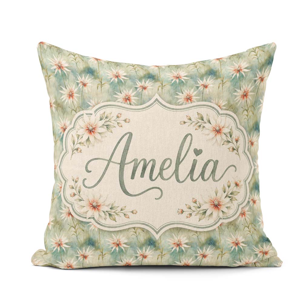 Custom Name Soft Sage Green Starflower Botanical Seamless Lovely Square Filled Cushion Throw Pillow Sofa Bed Home Decor Zip Washable UK Made