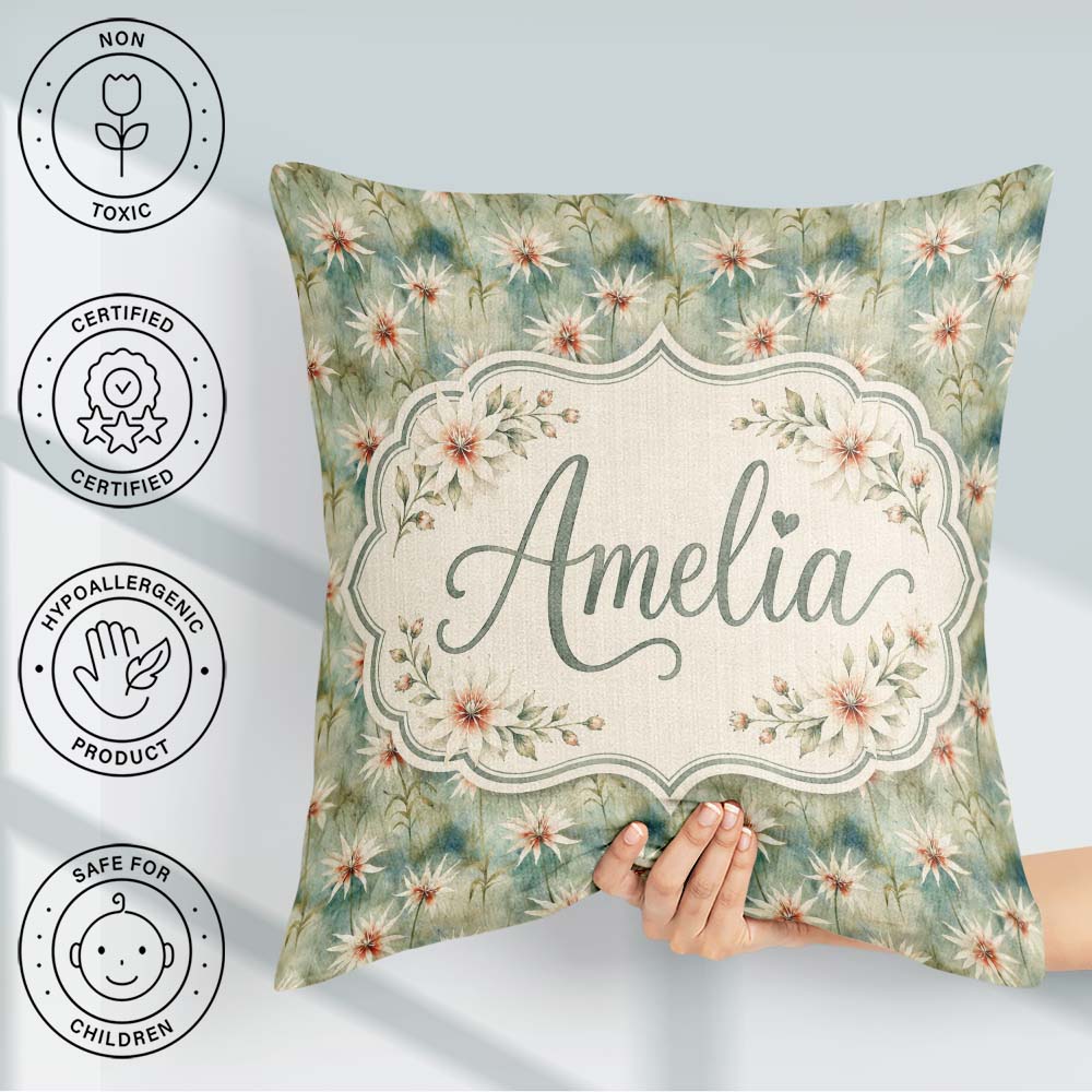 Custom Name Soft Sage Green Starflower Botanical Seamless Lovely Square Filled Cushion Throw Pillow Sofa Bed Home Decor Zip Washable UK Made
