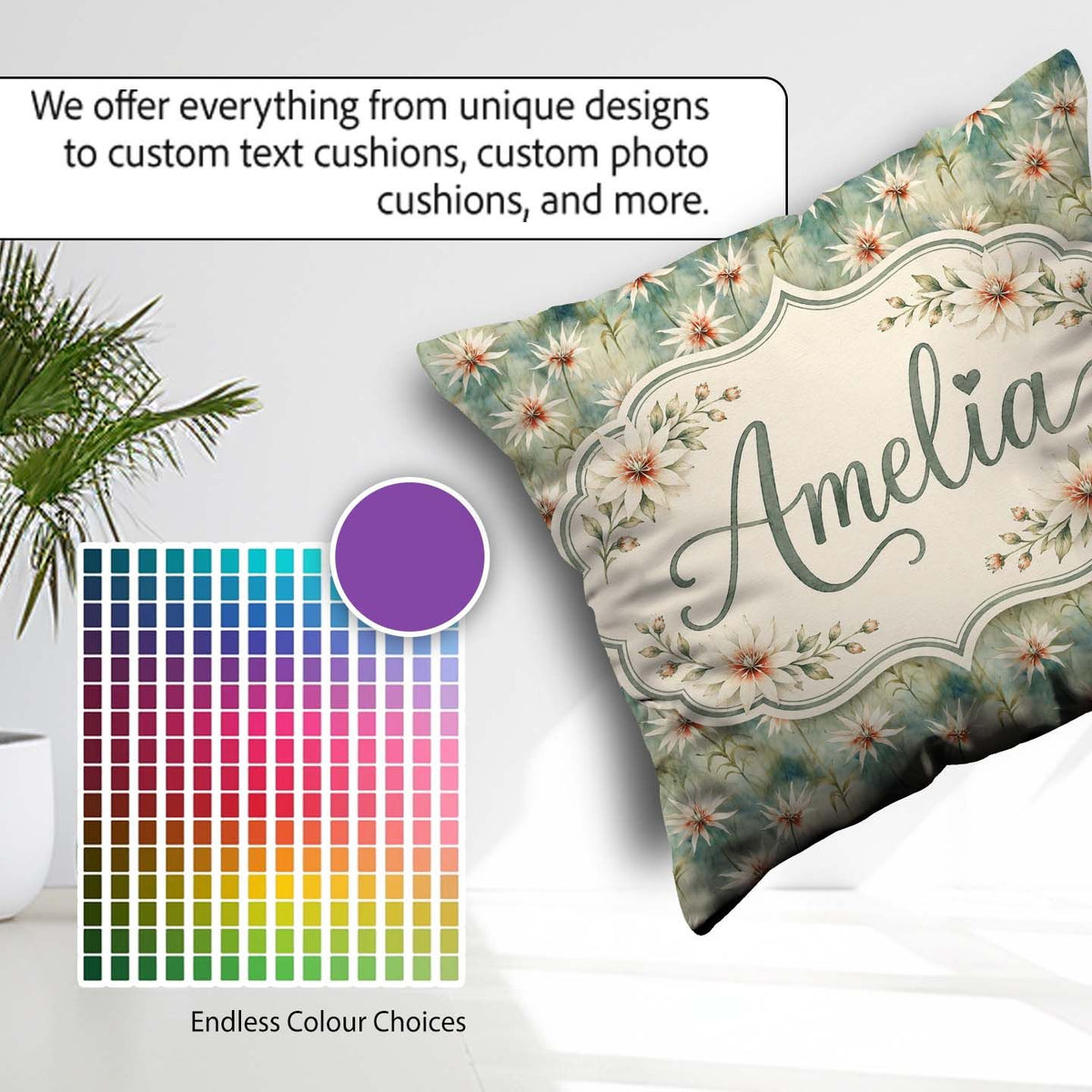 Custom Name Soft Sage Green Starflower Botanical Seamless Lovely Square Filled Cushion Throw Pillow Sofa Bed Home Decor Zip Washable UK Made