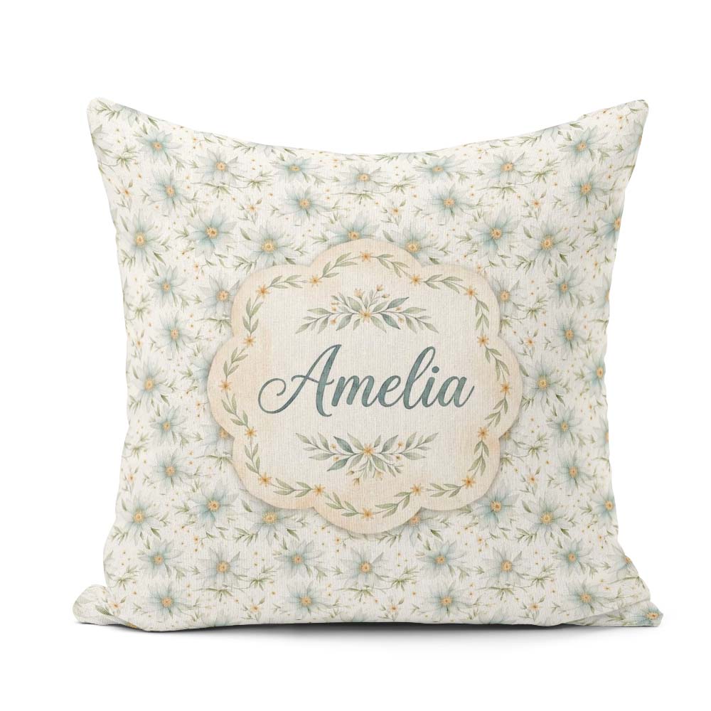 Custom Name Soft Blue Floral with Gold Speckle Seamless Pattern Square Filled Cushion Throw Pillow Sofa Bed Home Decor Zip Washable UK Made