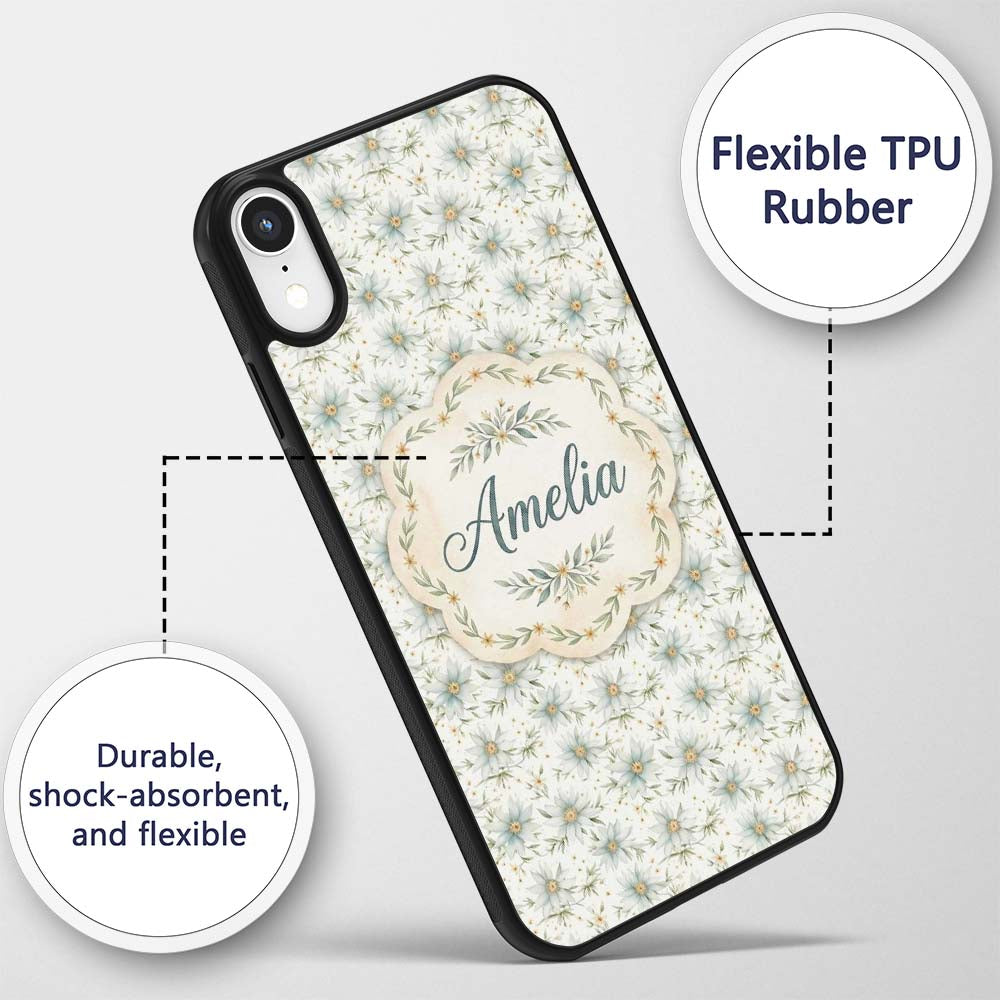 Soft Blue Floral with Gold Speckle Printed Design Custom Name Protective Phone Case Mobile Cover Durable Everyday Smartphone Shock Resistant