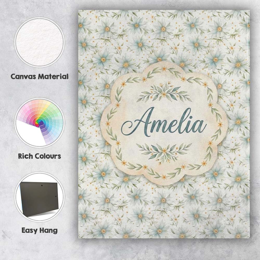 Personalised Name Soft Blue Floral with Custom Modern Room Accent Elegant Feature Canvas Wall Art Print Decor Picture Ready to Hang