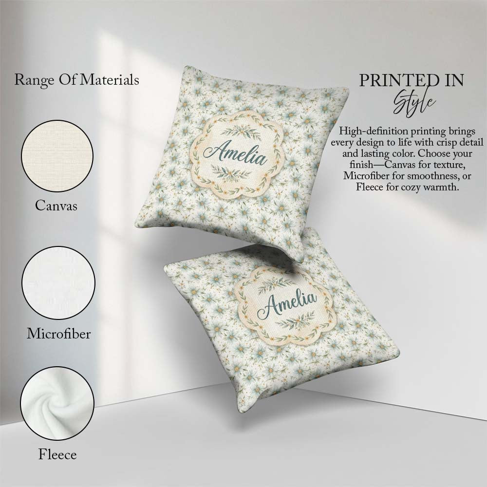 Custom Name Soft Blue Floral with Gold Speckle Seamless Pattern Square Filled Cushion Throw Pillow Sofa Bed Home Decor Zip Washable UK Made
