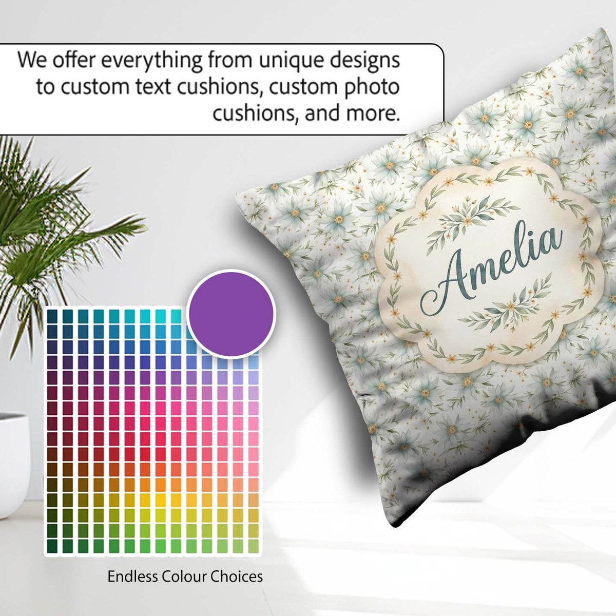 Custom Name Soft Blue Floral with Gold Speckle Seamless Pattern Square Filled Cushion Throw Pillow Sofa Bed Home Decor Zip Washable UK Made