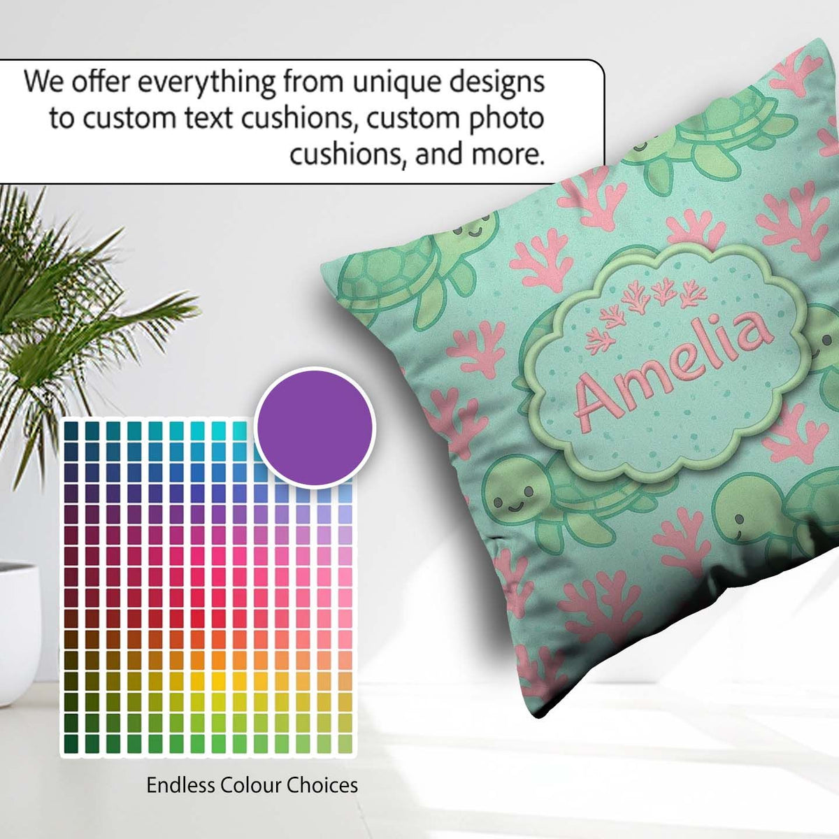 Custom Name Cute Sea Turtle Coral Cartoon Animal Pattern Decor Square Filled Cushion Throw Pillow Sofa Bed Home Decor Zip Washable UK Made