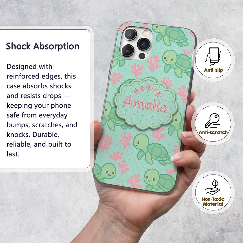 Cute Sea Turtle Coral Cartoon Animal Pattern Custom Name Protective Phone Case Mobile Cover Durable Everyday Smartphone Shock Resistant