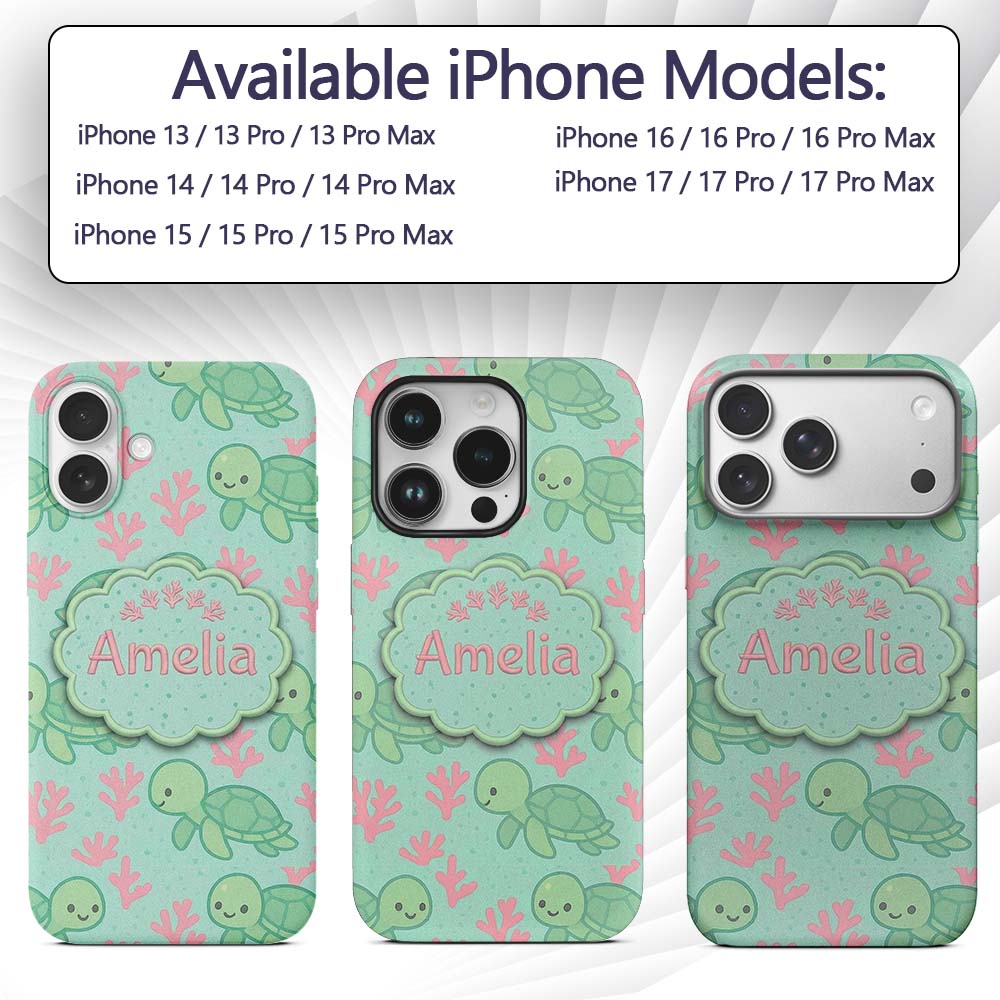 Cute Sea Turtle Coral Cartoon Animal Pattern Custom Name Protective Phone Case Mobile Cover Durable Everyday Smartphone Shock Resistant
