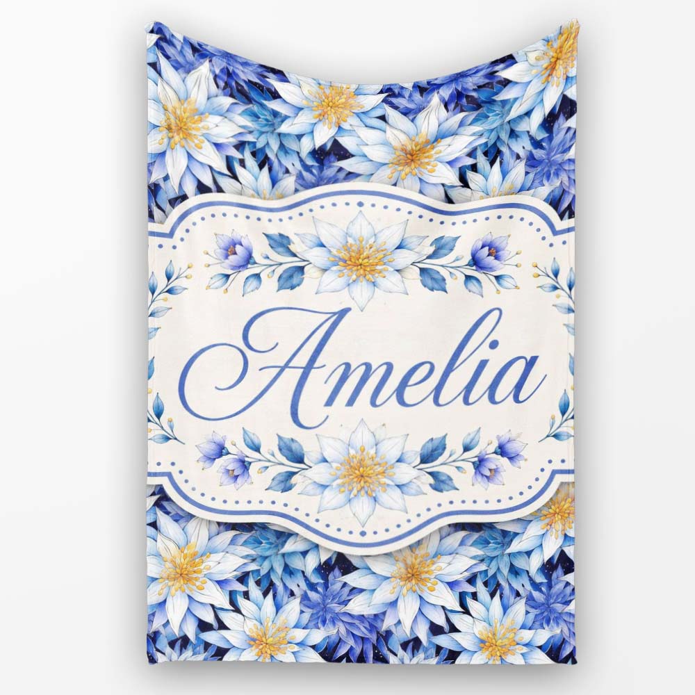 Bold Blue White Botanical Floral Seamless Pattern Cute Unique Gift Personalised Custom Name Super Soft Fleece Blanket Bed Sofa Throw