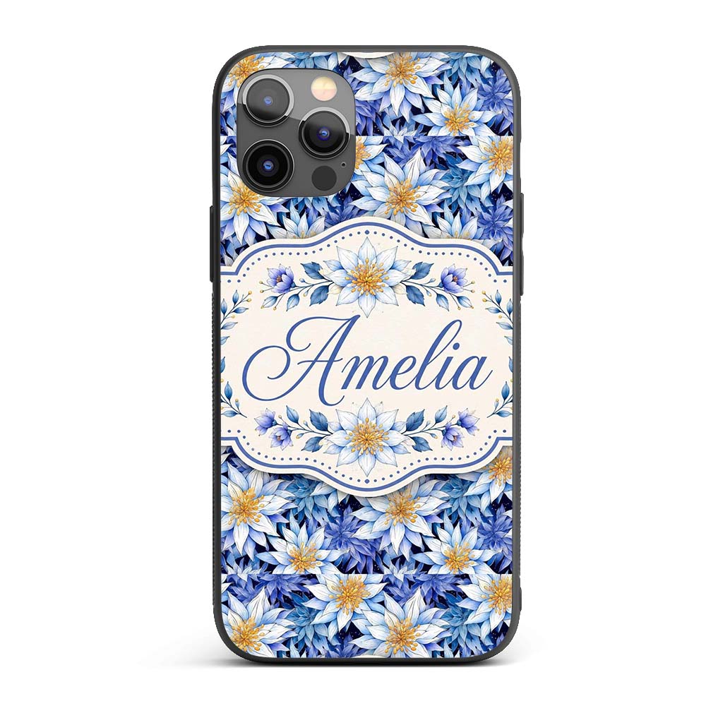 Bold Blue White Botanical Floral Seamless Pattern Custom Name Protective Phone Case Mobile Cover Durable Everyday Smartphone Shock Resistant