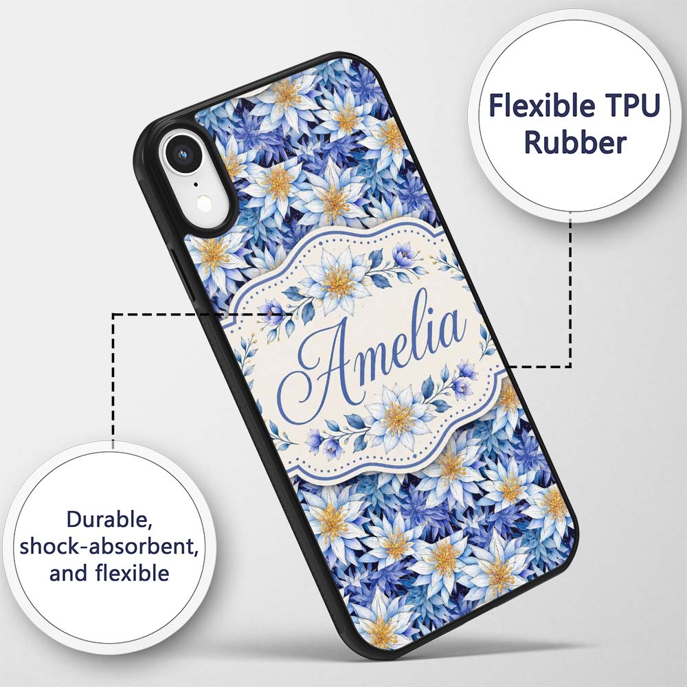 Bold Blue White Botanical Floral Seamless Pattern Custom Name Protective Phone Case Mobile Cover Durable Everyday Smartphone Shock Resistant