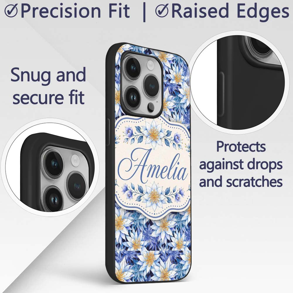 Bold Blue White Botanical Floral Seamless Pattern Custom Name Protective Phone Case Mobile Cover Durable Everyday Smartphone Shock Resistant