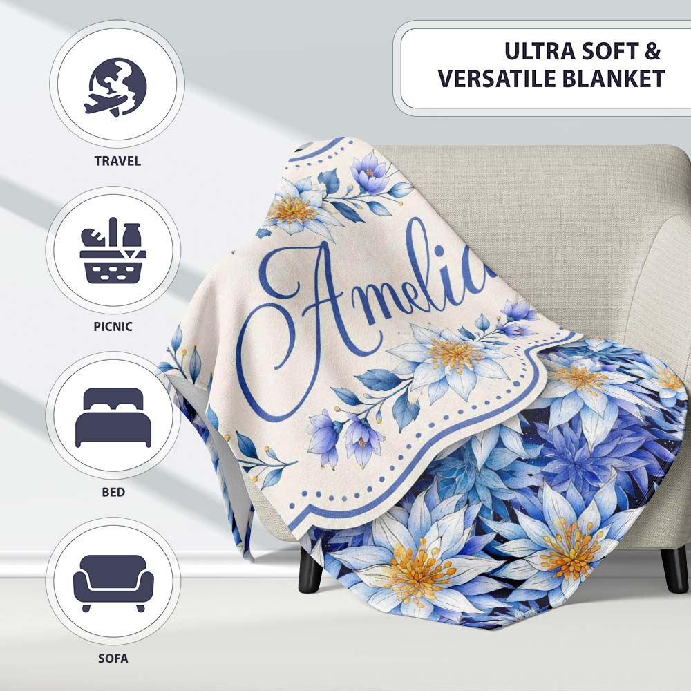 Bold Blue White Botanical Floral Seamless Pattern Cute Unique Gift Personalised Custom Name Super Soft Fleece Blanket Bed Sofa Throw