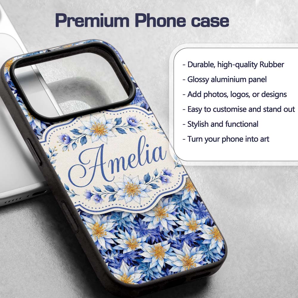Bold Blue White Botanical Floral Seamless Pattern Custom Name Protective Phone Case Mobile Cover Durable Everyday Smartphone Shock Resistant