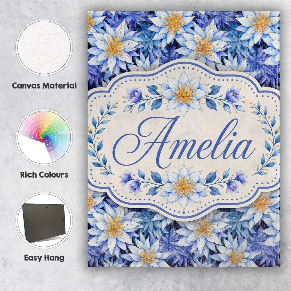 Personalised Name Bold Blue White Botanical Custom Bespoke Interior Contemporary Canvas Wall Art Print Decor Picture Ready to Hang